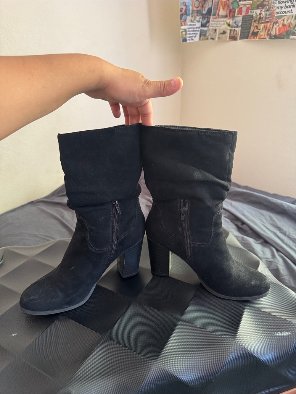 Style & Co Black Slouchy Ankle Boots Block Heel Side Zip Size 7.5